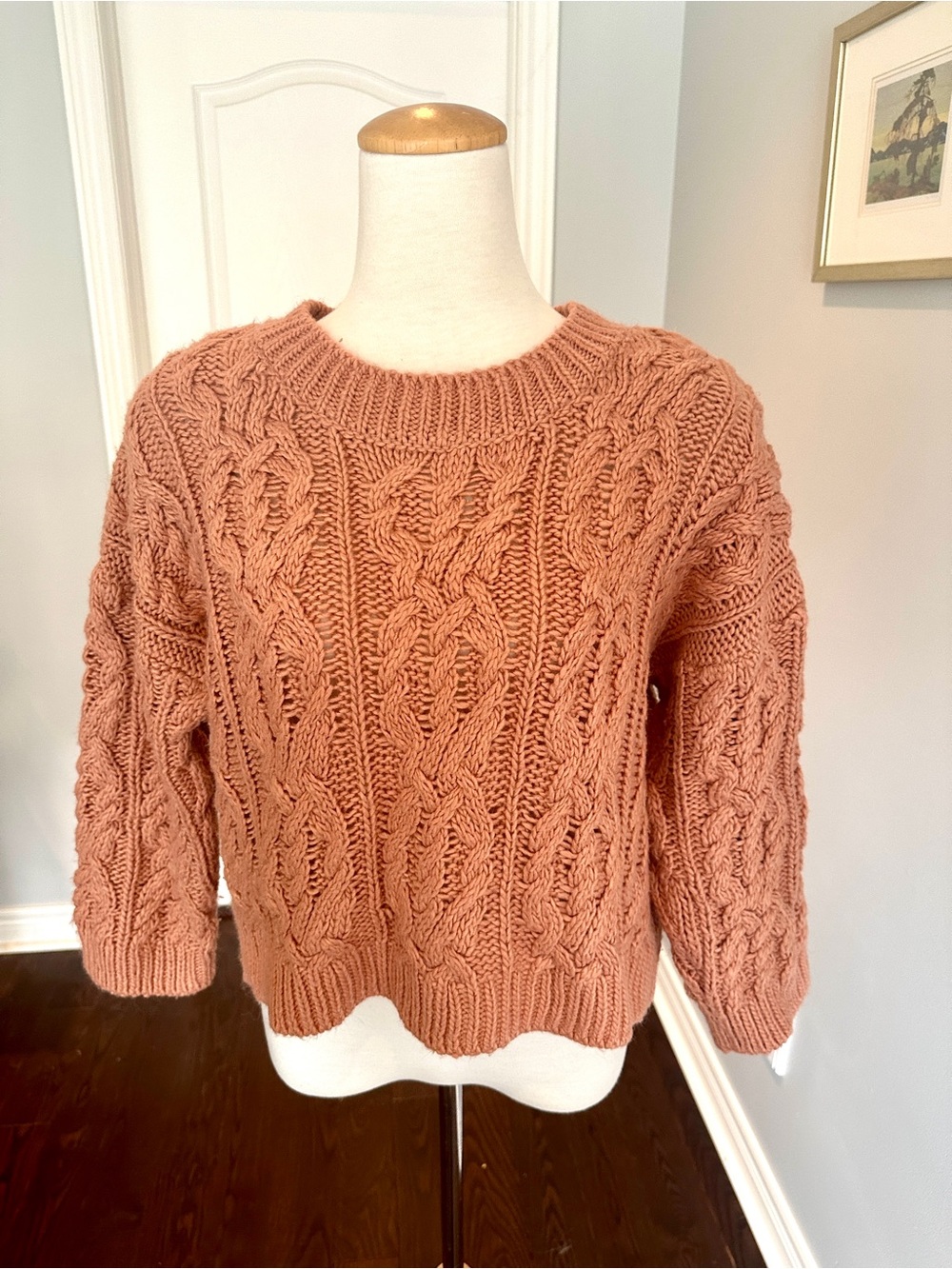 H&M Cropped Cable Knit Crew Sweater in Terracota Peach - Size M